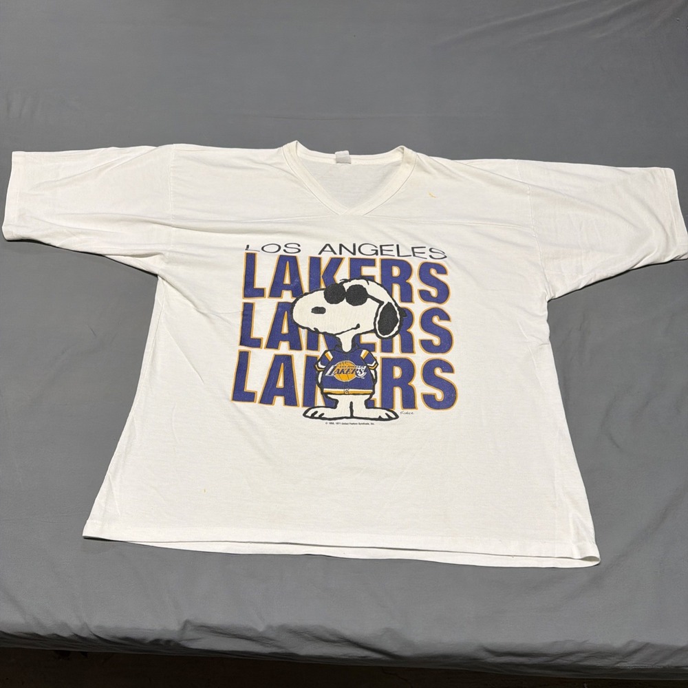 Vintage LA Lakers Snoopy Football Style V Neck Shirt White XL Made in USA